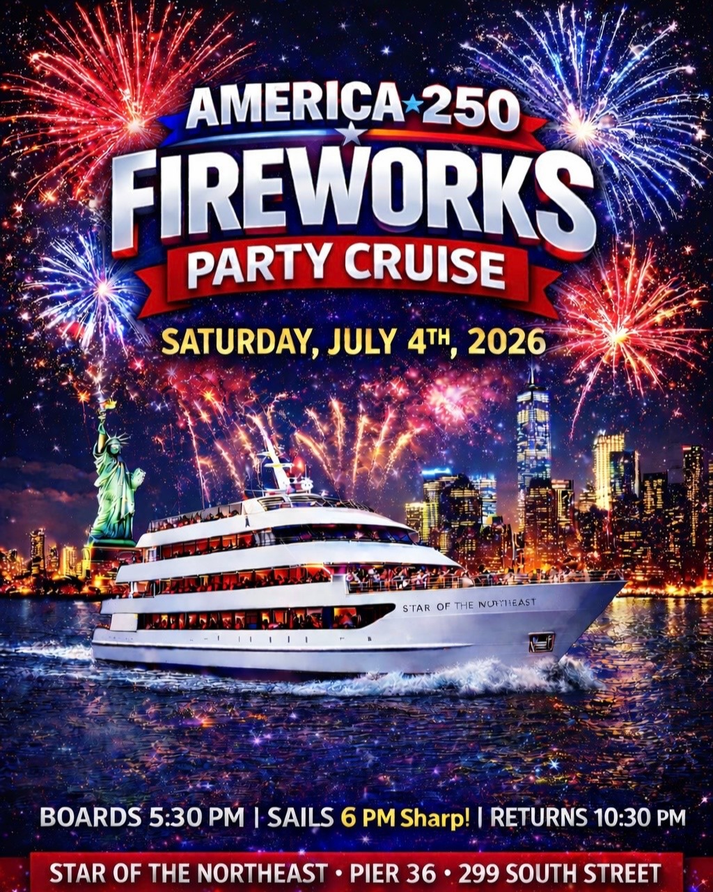 America 250 Fireworks Party Cruise NYC July 4th 2026 | Star of the Northeast